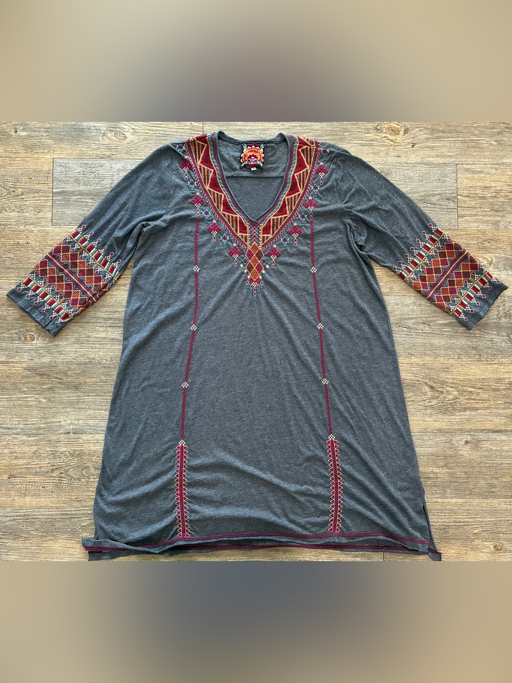 Johnny Was Marjan Embroidered Tunic Dress Large Boho Bohemian Grey Gray